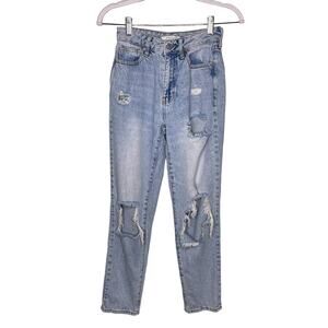 PacSun Distressed Straight Leg High Waisted Tattered Mom Jeans Light Blue 23‎